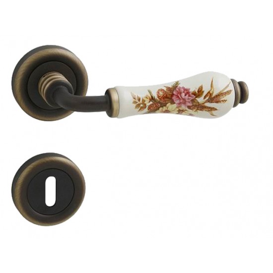 Kľučka na dvere LI - DALIA 665 - R BM/SP/HK - Bronz česaný matný lak / smotanový porcelán / hnedý kvet