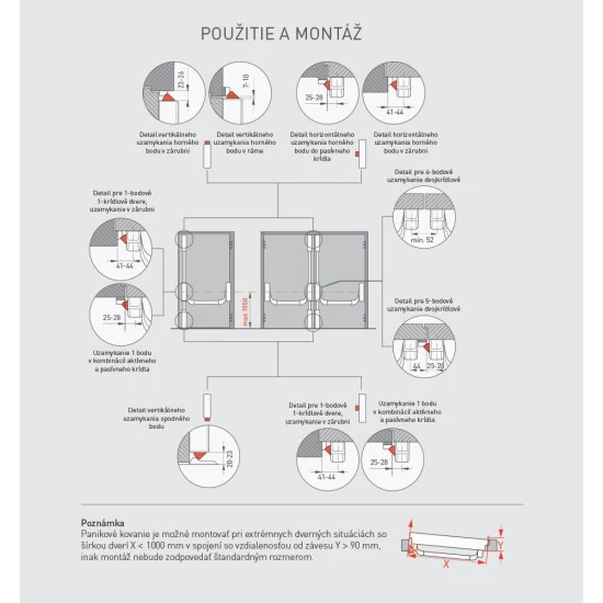 DA - Trojbodové panikové kovanie na dvojkrídlové dvere D2/1H-1D-1B S - Strieborná