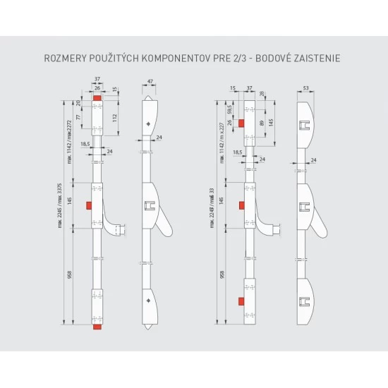 DA - Trojbodové panikové kovanie na jednokrídlové dvere D1/1B-1H-1D S - Strieborná
