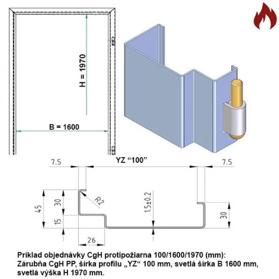 Protipožiarna zárubňa oceľová - CgH murivo/tvárnica EI60, EW120 - 160/197 - Bez tesnenia - Prepravný náter (červenohnedá)