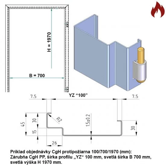 Protipožiarna zárubňa oceľová - CgH murivo/tvárnica EI60, EW120 - 70/197 - Bez tesnenia - Prepravný náter (červenohnedá)