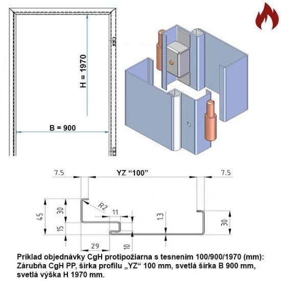 Protipožiarna zárubňa oceľová - CgH murivo/tvárnica EI60, EW120 - 90/197 - S tesnením - Prepravný náter (červenohnedá)