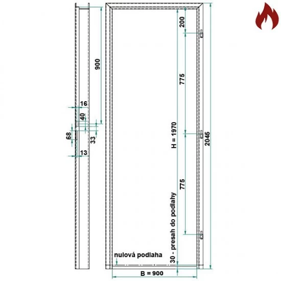 Protipožiarna zárubňa oceľová - CgH murivo/tvárnica EI60, EW120 - 90/197 - S tesnením - Prepravný náter (červenohnedá)