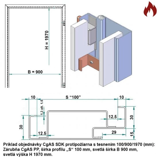 Protipožiarna zárubňa oceľová - CgAS sadrokartón EI60, EW120 - 90/197 - S tesnením - Prepravný náter (červenohnedá)