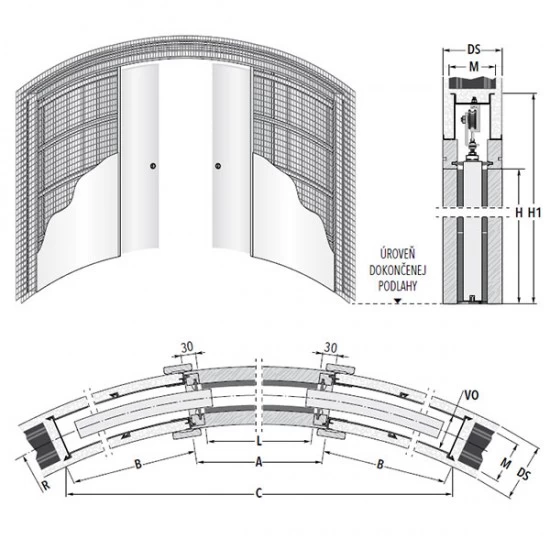 Stavebné puzdro ECLISSE CIRCULAR dvojkrídlové 1400 mm (2000/2100 mm x 125 mm) - Murivo