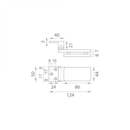 MP - UNIQUE R8 - Pánt na sklo s platničkou horizontálny - pár NEM - nerez matná (BSS)